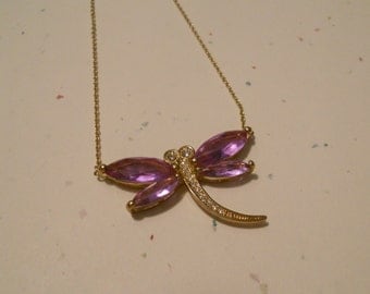 Purple Dragonfly Pendant Choker Necklace - Purple Glass Wings with Goldtone Body and Antennae on Delicate Chain