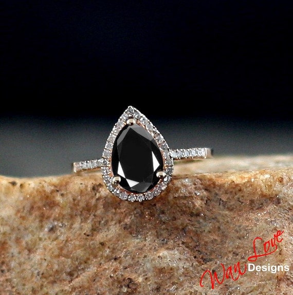 Black Spinel & Diamond Pear Halo Engagement ring 1ct 7x5mm 14k 18k ...