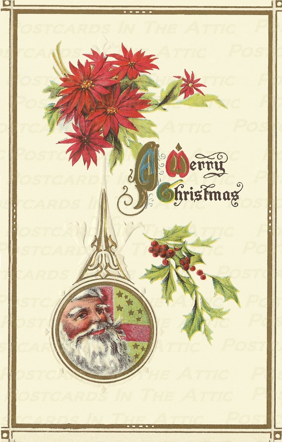 Antique Postcard Christmas Poinsettia and Santa Clause - Digital Hand Designed Art - Scrapbooking, Card Making & Crafts - PRINTABLE DOWNLOAD