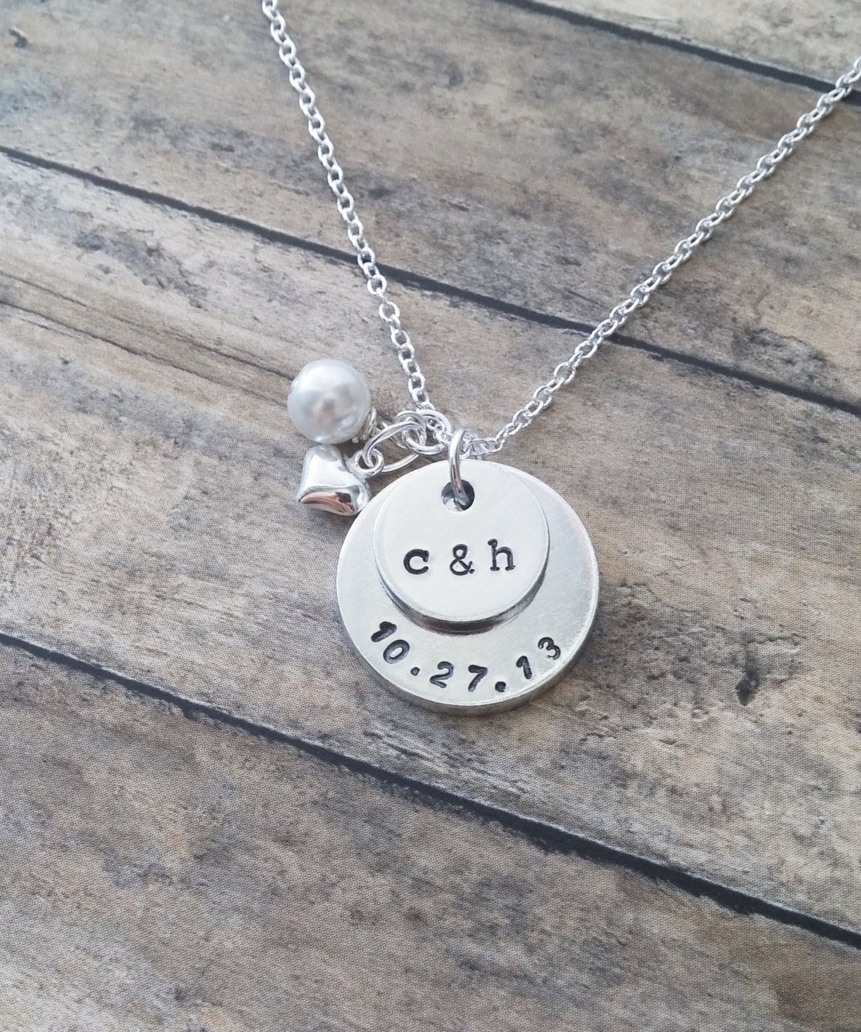Couples Necklace hand stamped with initials and date