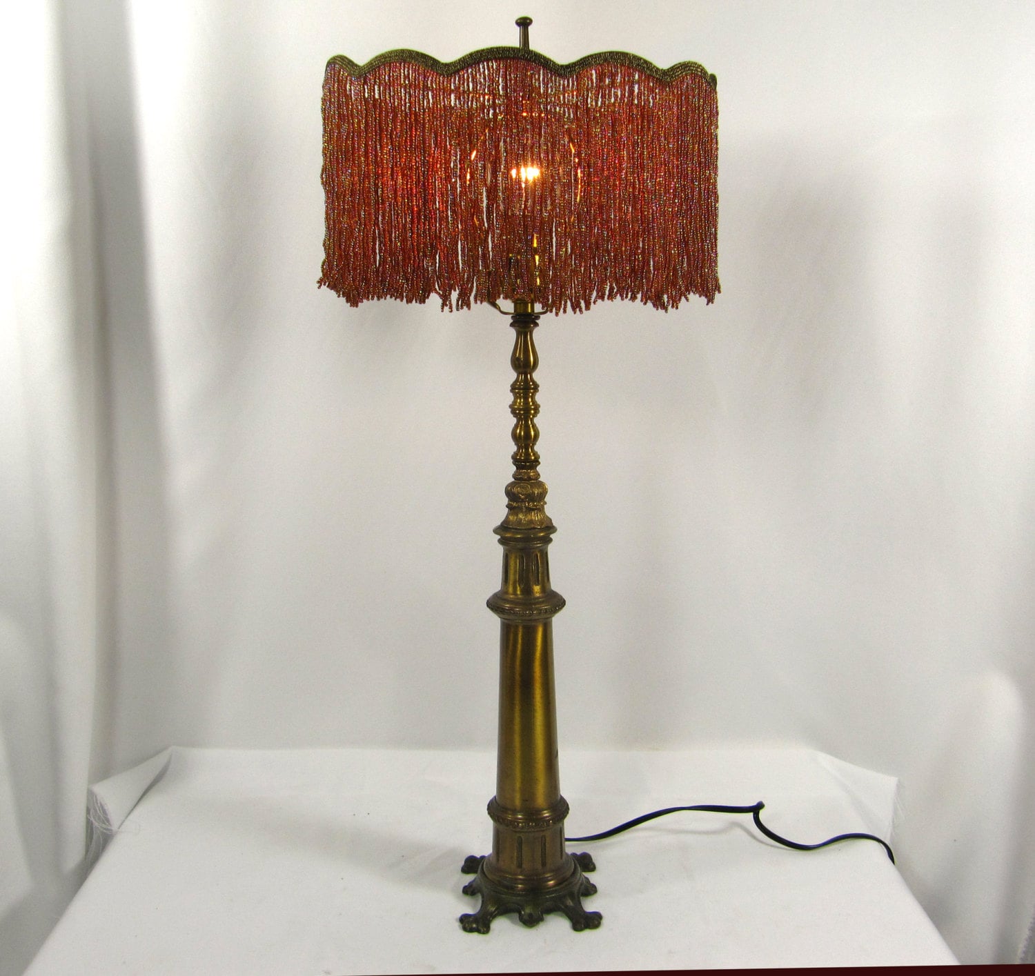 Handmade Table Lamp with Custom Beaded Shade Vintage Light