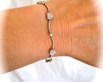Vintage Pave Heart Estate Jewelry Bracelet White Stone Pave Delicate Thin Tennis Bracelet Thin Bracelet Layering Bracelet Micropave