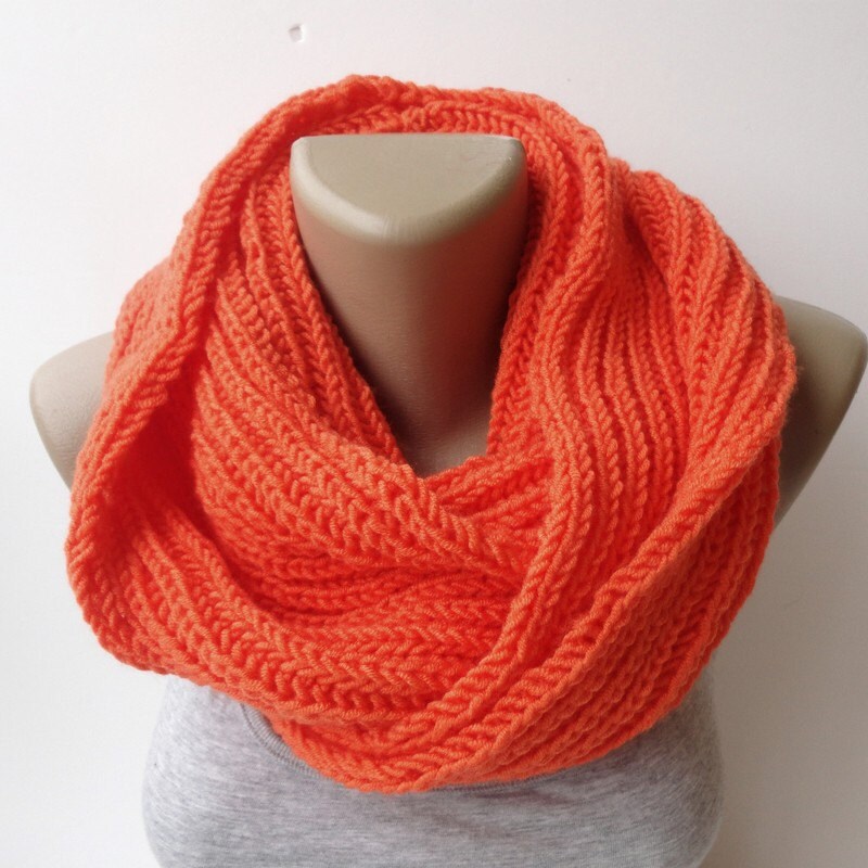 Orange Knitted Infinity Scarf Men Scarf Winter Scarves Chunky