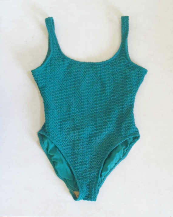 Vintage teal crocheted bathing suit / one piece swimsuit