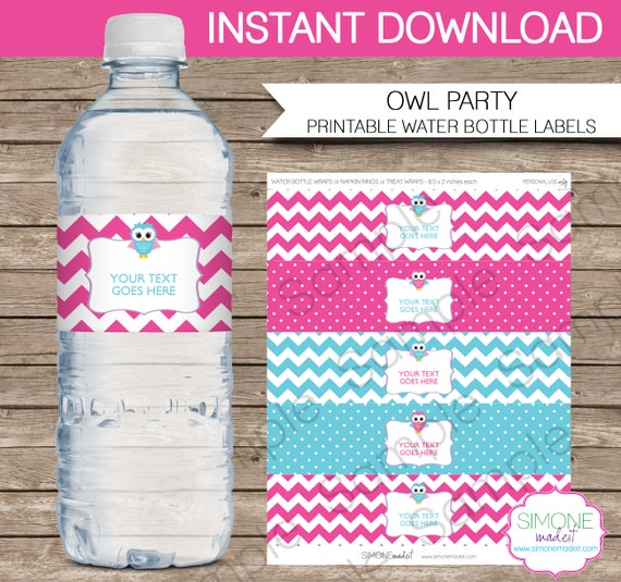 Owl Party Water Bottle Labels Or Wrappers In Pink Instant Download Editable Template Water Bottle Wrapper Template