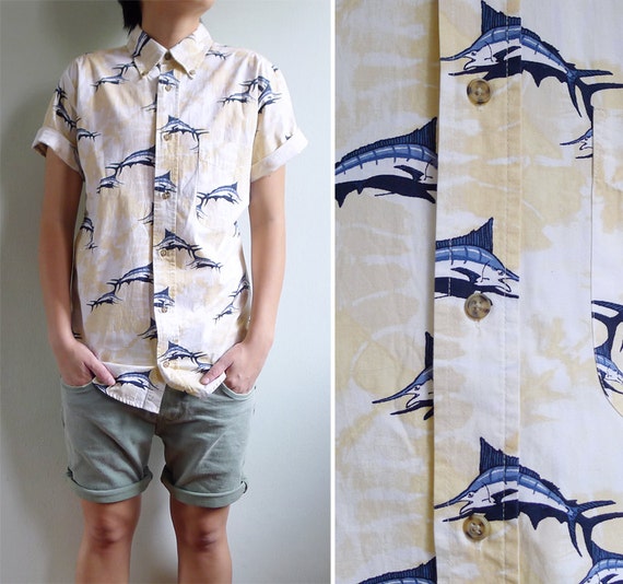 Items similar to Vintage Mens Swordfish Novelty Print Cotton Shirt S or