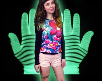 90s Photorealistic Floral Print and Sheer Mesh Shirt / Clueless / Club Kid / Zenon / Cyber /