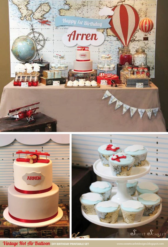 VINTAGE Hot Air Balloon Birthday Party Printable Set - Cupcake Toppers, Bottle Labels, Favor Tags and more Il_570xn