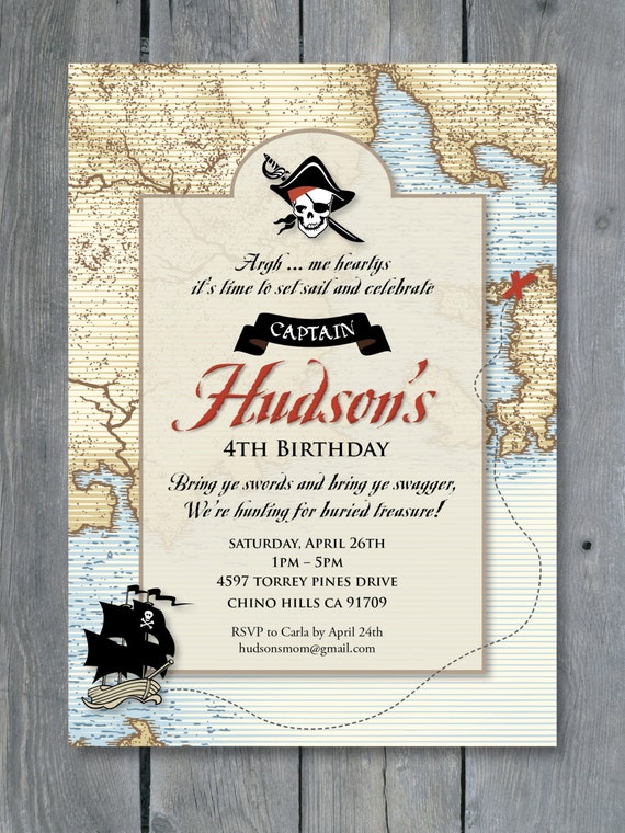 PIRATE Invitation for Birthday Party - Vintage Pirates of the Caribbean style. 7x5 - Print Your Own Il_570xn
