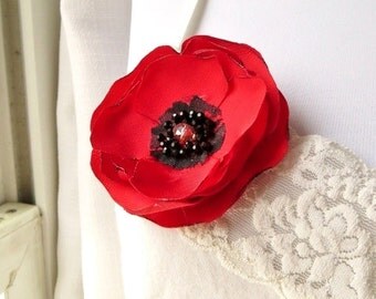 Grande Broche Fleurie Rouge - Vintage - Occasion