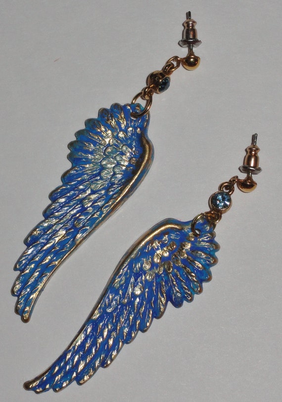 Blue Feathered Feather Angel Wing Wings Rhinestone Pierced