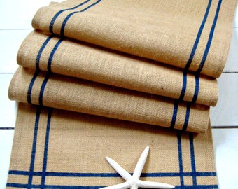 Burlap table runner with Navy Blue Stripes / Nautical Runner / Rustic Runner / Cabin Decor / Wedding Runner / Cottage Decor /Beach Decor