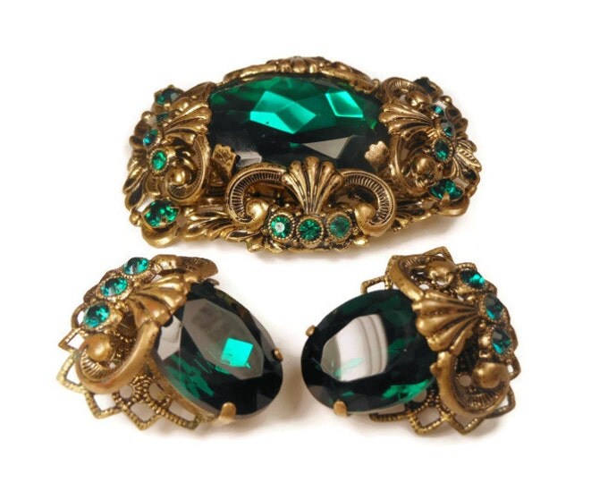 FREE SHIPPING Green art glass brooch and earrings, 1950's West Germany signed emerald green art glass brooch and earrings