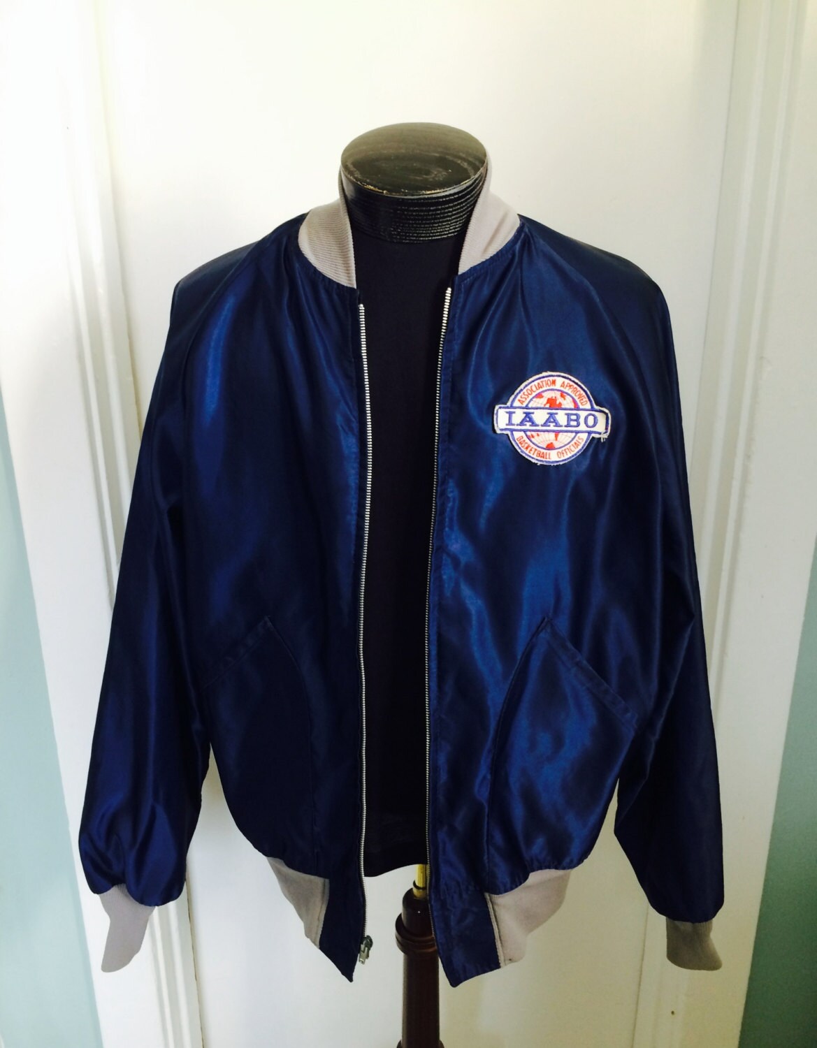 vintage basketball referee jacket / navy satin / IAABO patch
