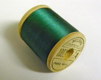 Vintage Corticelli Pure Silk Hand Sewing Embroidery Thread 100 Yd. Wooden spool of Shade 9787 Christmas Green