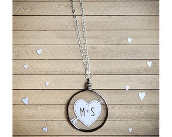 Initials Necklace - Cupid's Heart and Arrow- Original Handcut Paper in Glass with Silver Chain - Papercut Jewelry
