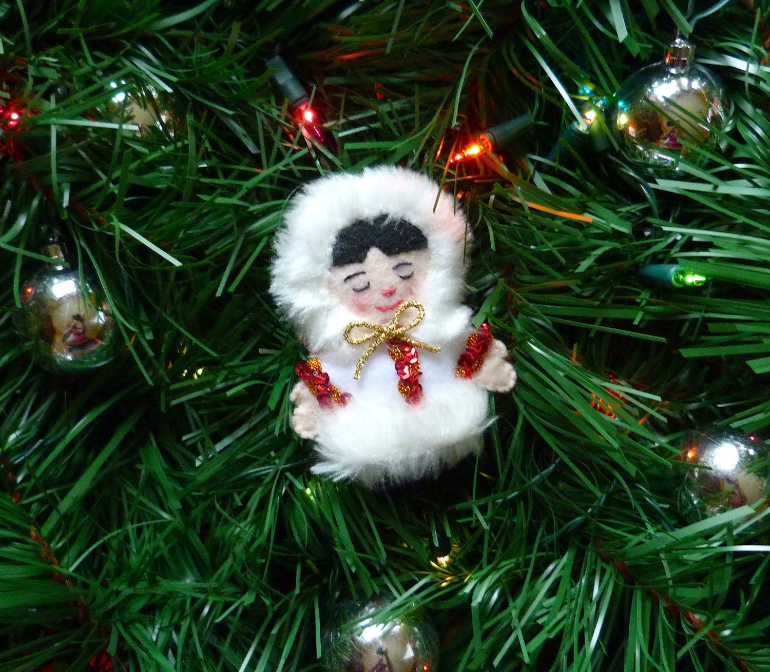 Felt Christmas Ornament Eskimo Alaskan Handmade Girl in Winter Coat Holiday Home Decor Needlecraft Decoration Original