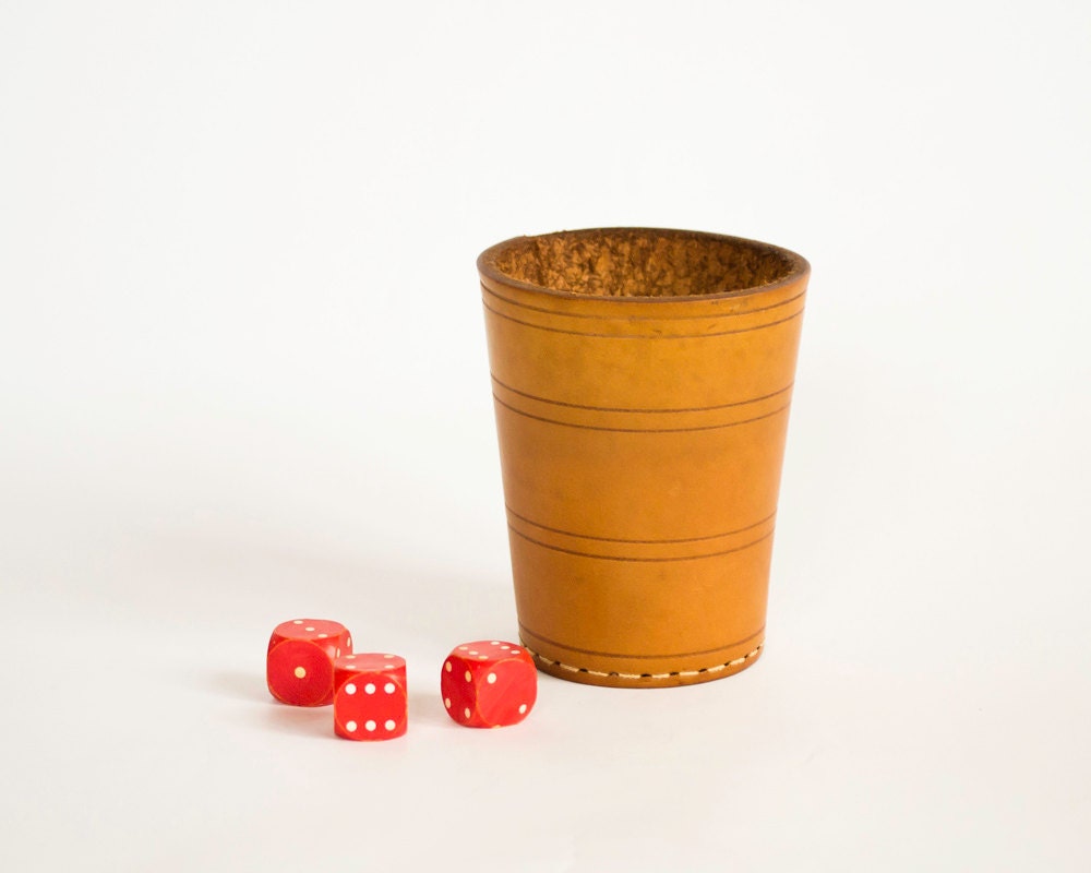 Vintage Genuine Leather Dice Shaker Cup with 3 Red Dices