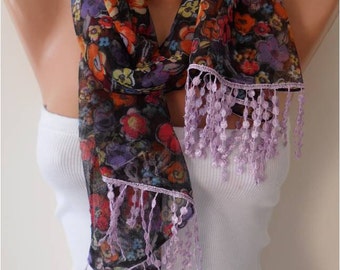 Floral Chiffon Scarf with Lace Edge - Gift