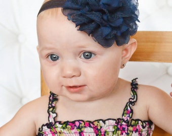 Navy Headband, Baby Headband Bow, Infant Headband, Newborn Headband - Navy lace and Chiffon Headband, Headband,
