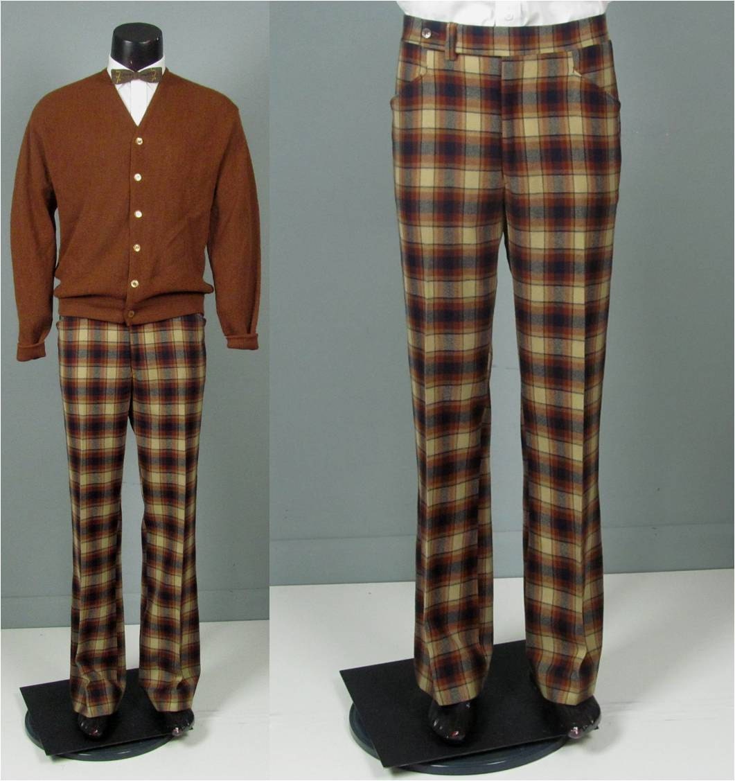 Vintage Mens 1970s Trousers Jaymar Plaid Wool Flare Leg