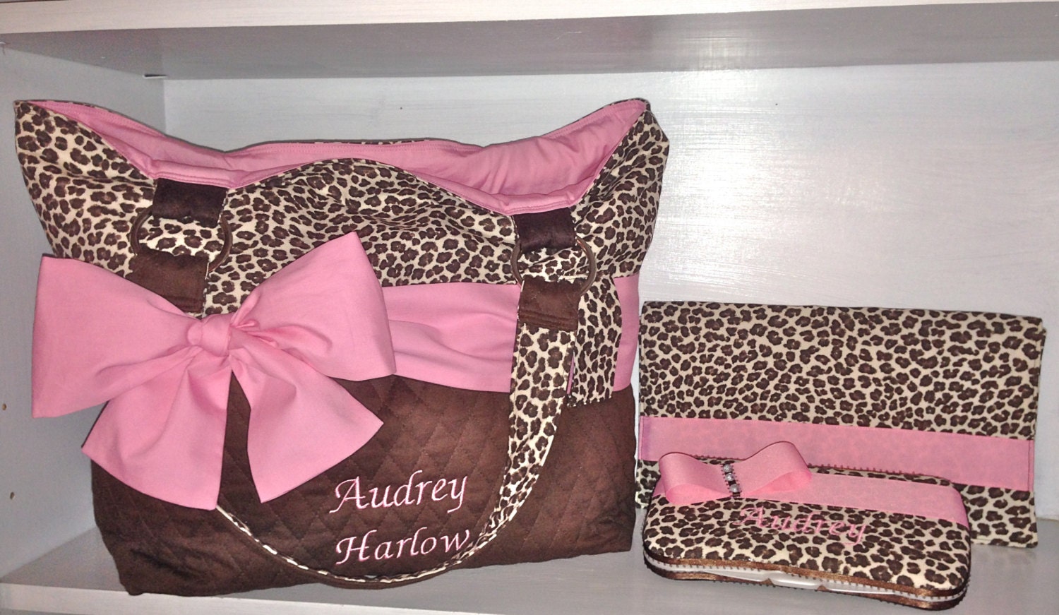Personalized Diaper Bag Set In Leopard Print and LightPink.
