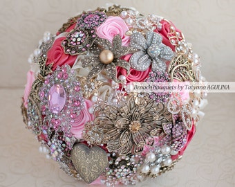Brooch bouquet. Raspberry pink and gold wedding brooch bouquet, Jeweled Bouquet. Made upon request