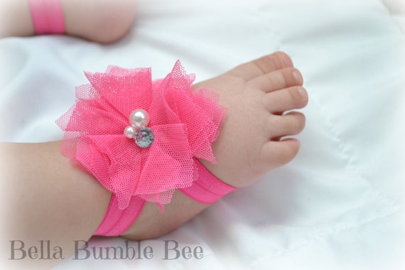 Hot Pink Baby Barefoot Tulle Flower Sandals for by BellaBumbleBee