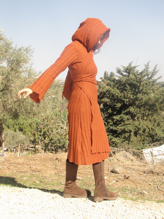 Deep Orange hooded sweater, fairy long gown with hood, womens autumn winter cardigan, fantasy warrior top, pixie style