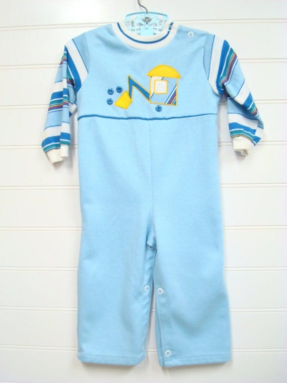 Vintage Baby Clothes/Baby Boy Romper in Shades of Blue.