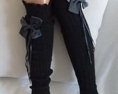Charcoal Grey- Leg Warmers -High Knee -Grey Ribbon Bow -birthday gifts-Socks