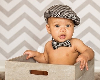 Baby photo prop - baby hat and tie - Houndstooth wool blend baby hat and bow tie - baby boy photography prop flat cap set - made to order