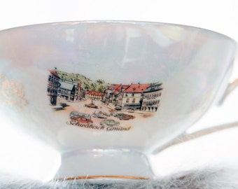 German Souvenir Lusterware Tea Cup Featuring the Town of Schwäbisch Gmünd
