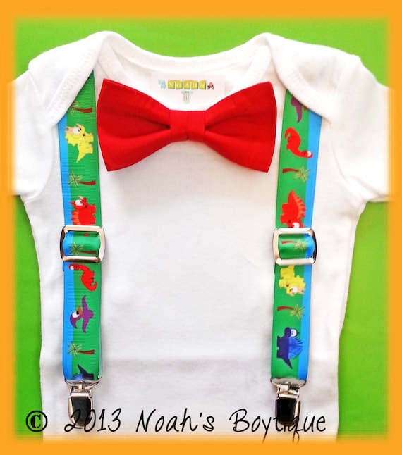 Boys Dinosaur Birthday Outfit - 1st Birthday Boy - Dinosaur Birthday Shirt with Bow Tie and Dinosaur Suspenders - Birthday Dinosaur Outfit by NoahsBoytiques