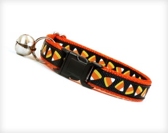 Halloween Cat Collar - "Trick or Treat" - Candy Corn on Orange - Breakaway Buckle or Non-Breakaway - Sizes for Cats + Small Dogs