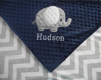 Custom Crib Blanket, Baby Gift, Elephant on Grey Chevron Minky Baby Blanket, Custom Blanket, Made to Order
