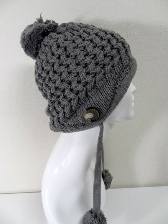 pom hat grey pom beanie Women / Beanie Knit Hat Knit Chunky / Pom Grey / Winter Pom / Knit Hat