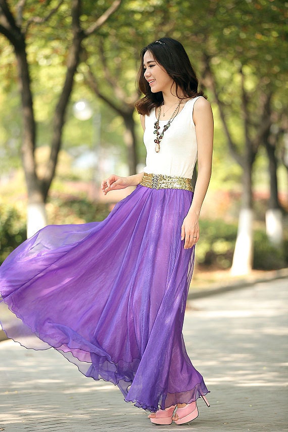 Floor-Length Maxi Silk Skirt Double Layer Chiffon by Lantingstyle