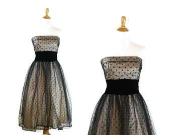 SALE 1950s Dress / 50s Tulle Polka Dot Party Dress Black and Gold / Midnight Gala Dress
