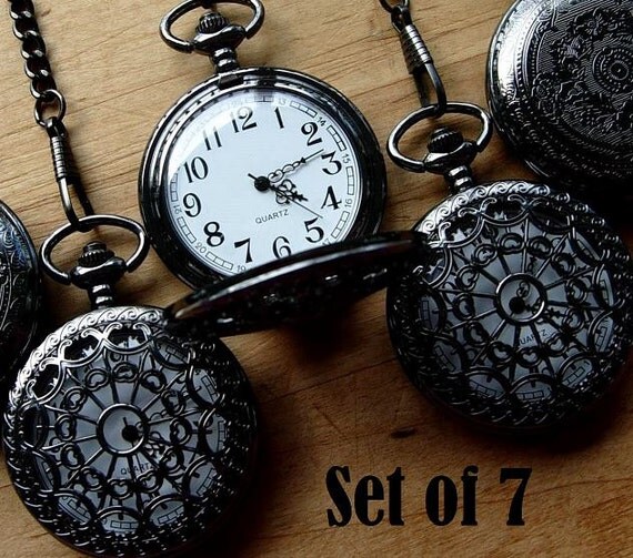 Set of 7 Pocket Watches with Chains Onyx Black Quartz Wedding Groomsmen