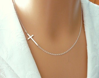 Sideways Cross Necklace - Sterling Silver Cross Necklace - Celebrity Inspired Necklace