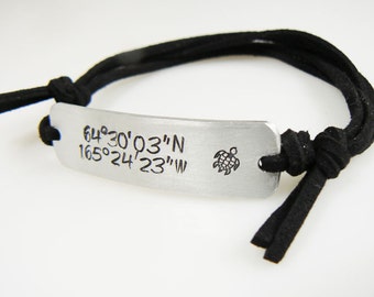 latitude longitude bracelet custom coordinates personalized cuff hand stamped gift for friend or Valentines