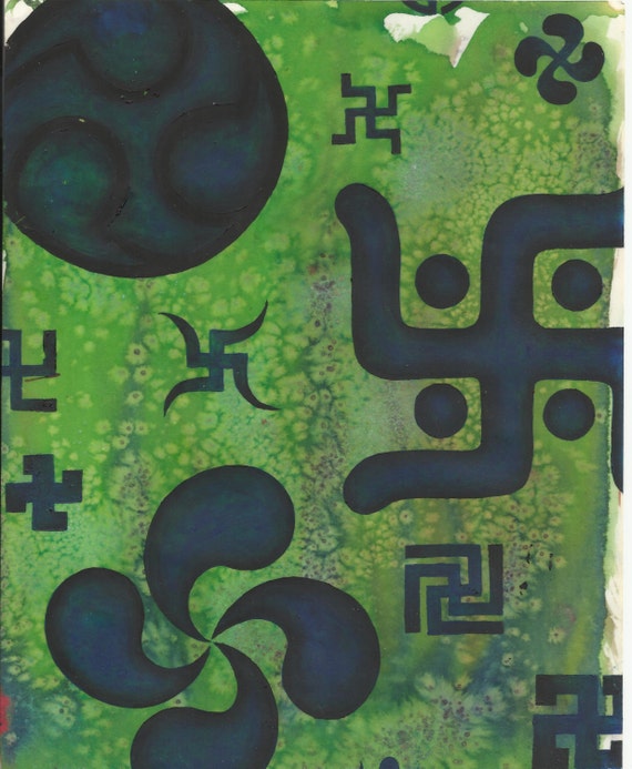 Swastikas, Eastern religions, Oil painting, blue and green, inked background