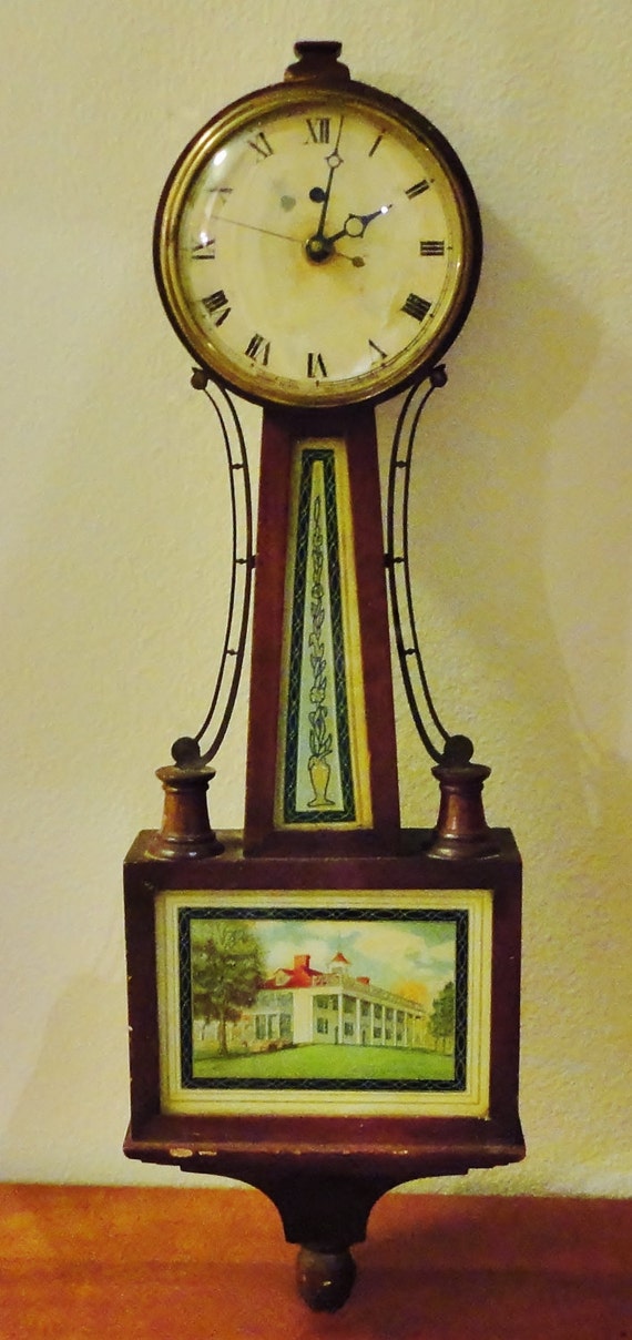 Vintage Wood & Glass Warren Telechron Banjo Wall Clock/ Old