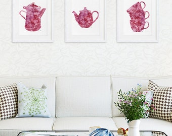 Red Watercolor Painting - Kitchen Print Set of 3, Archival Art Prints -Coffee Pot, Teapot, Teacups - Minimalist Wall Decor, Housewares Gifts