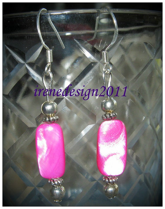 Handmade Silver Hook Earrings with Pink Seashell by IreneDesign2011