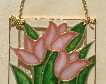 Art Gifts Pink Tulips Stained Glass Panel Tulip Art Wall Decor Stained Glass Painting Flower Suncatcher Tulips Wall Hanging Tulips Ornament