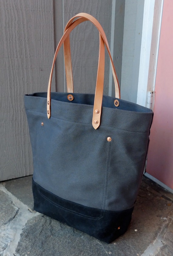 Waxed Canvas Tote Bag with Leather Handles Large Charcoal