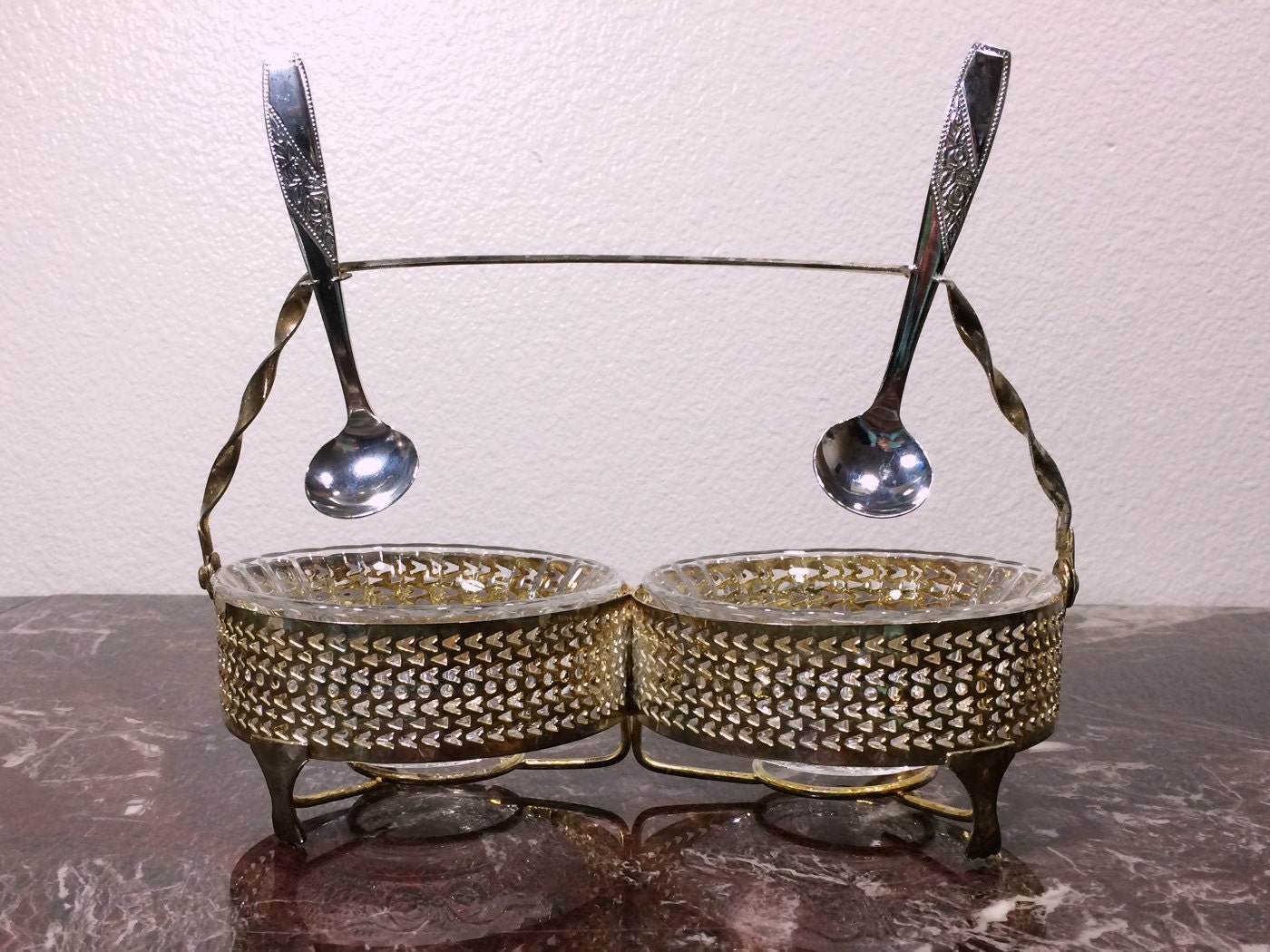 Vintage Condiment Caddy with Glass Bowls and Spoons