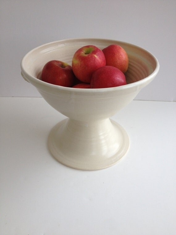 Items similar to White stoneware pedestal bowl with scroll handles on Etsy